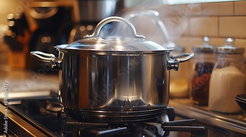 A gleaming stainless steel pot simmering on the stove, its contents bubbling away as delicious aromas fill the air