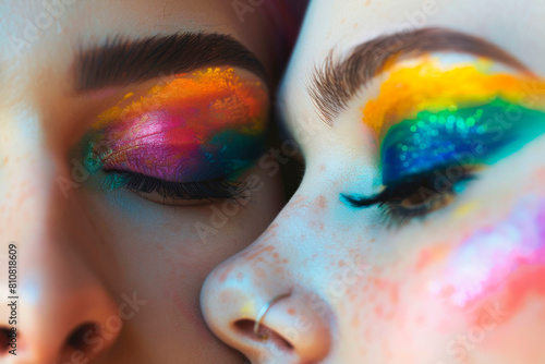 Young couple faces and eyes wearing eyeshadow makeup of lgbtq rainbow pride flag and trans pride flag