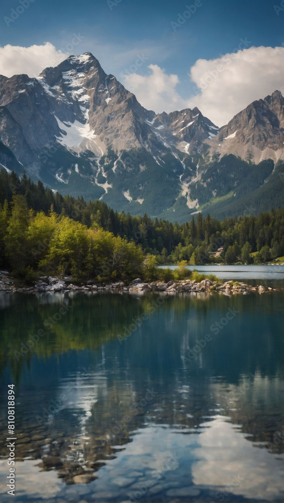 Alpine Tranquility, Serene Lake Nestled Among Majestic Mountains Alpine Tranquility, Serene Lake Nestled Among Majestic Mountains