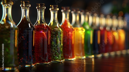 A row of glass bottles filled with homemade sauces and dressings, adding a personal touch to every meal