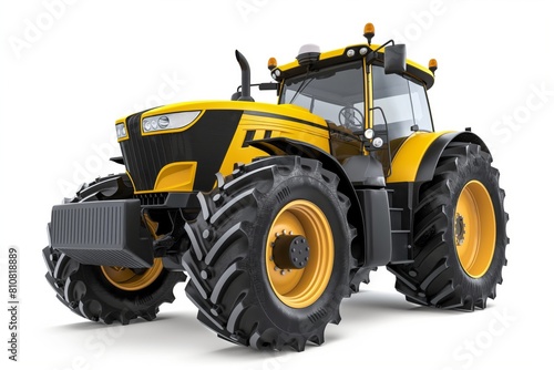 A new yellow and black tractor with shiny wheels on a white background, showing modern farming technology