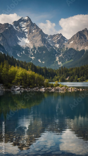 Alpine Tranquility  Serene Lake Nestled Among Majestic Mountains