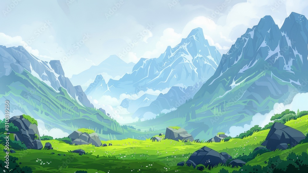 A mountain landscape with fog cover rocky peaks set against a grey dull gloomy sky at summer or spring time, a tranquil scene of summer or spring. Modern illustration.