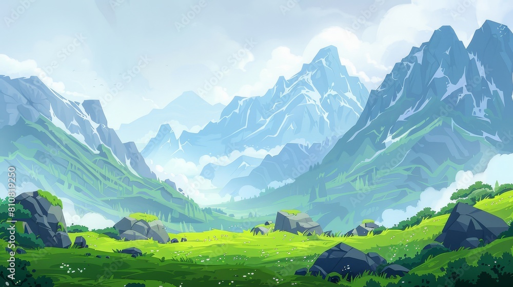 A mountain landscape with fog cover rocky peaks set against a grey dull gloomy sky at summer or spring time, a tranquil scene of summer or spring. Modern illustration. A mountain landscape with fog cover rocky peaks set against a grey dull gloomy sky at summer or spring time, a tranquil scene of summer or spring. Modern illustration.