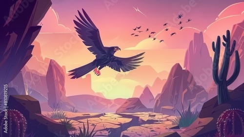 In a desert landscape, black eagle flies with outspread wings over cracks in the ground, rocks, and cacti of a nature background. Illustrator illustration of a wild bird predator searching for prey. photo