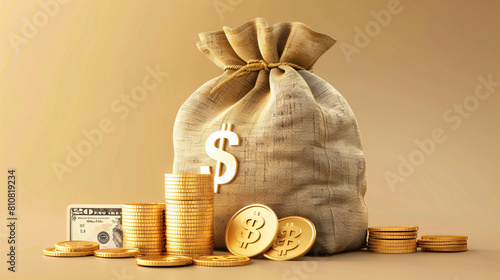 3D Money concept. money bag coins stack and credit car