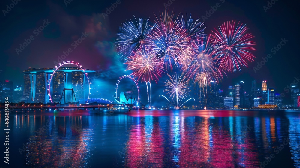 Fototapeta premium fireworks over water and a city