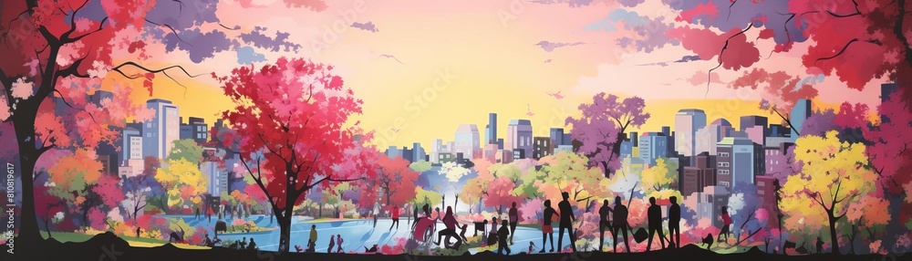 A beautiful park with a lake, surrounded by cherry blossom trees in full bloom. The sun is setting over the city in the background. A beautiful park with a lake, surrounded by cherry blossom trees in full bloom. The sun is setting over the city in the background.