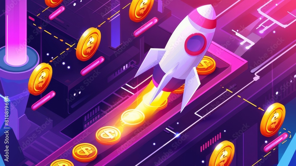 An isometric crowdfunding landing page with a startup rocket taking off from a golden coin runway. A 3d modern web banner showing a business opportunity development based on the latest innovations An isometric crowdfunding landing page with a startup rocket taking off from a golden coin runway. A 3d modern web banner showing a business opportunity development based on the latest innovations