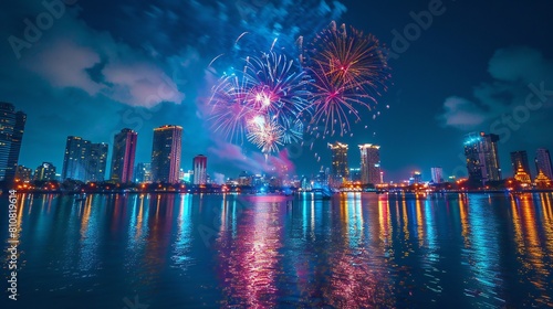 fireworks over water and a city