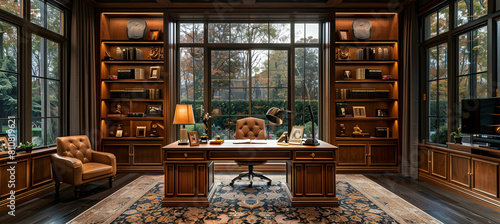 Glamorous home office with walnut desk, ergonomic chair, and built-in shelving photo
