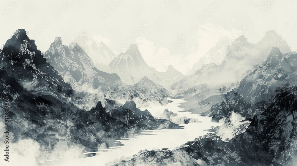 Fototapeta premium Ink and wash style painting of misty mountains and river