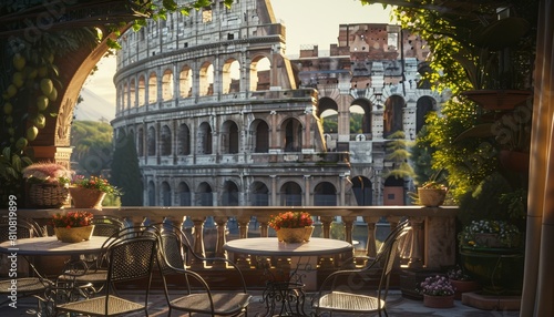 Tavolo all'aperto in un bar con vista sul Colosseo photo