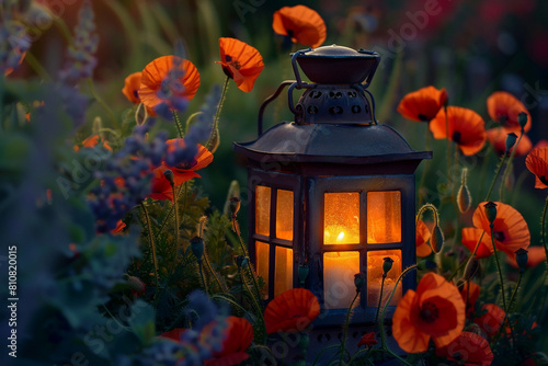 Memorial Day reflection with a vintage lantern cast among poppies at twilight.