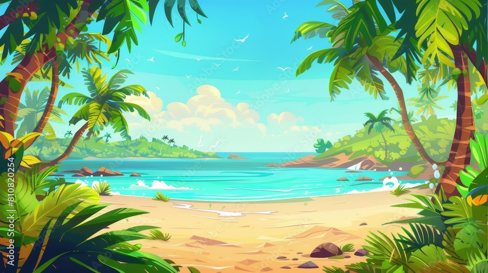 Illustration of summer seascape with lagoon or harbor and sand beach. Concept of exotic vacations, travel and resorts. Modern cartoon illustration.