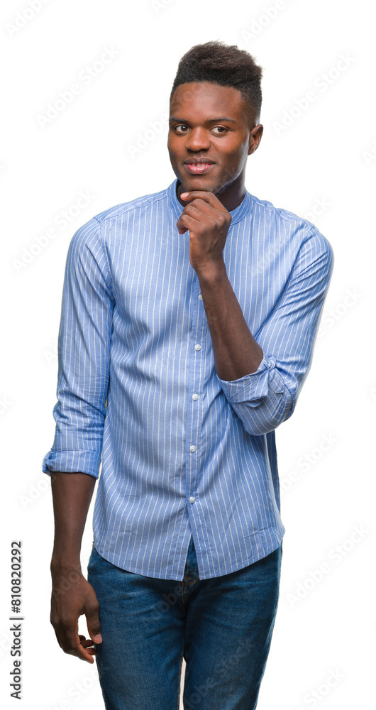 Young african american business man over isolated background with hand on chin thinking about question, pensive expression. Smiling with thoughtful face. Doubt concept. Young african american business man over isolated background with hand on chin thinking about question, pensive expression. Smiling with thoughtful face. Doubt concept.
