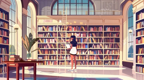 An athenaeum or school library interior with ladder, librarian table and girl choosing books for reading, cartoon modern athenaeum. photo