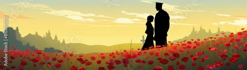 A soldier and his sweetheart stand in a field of red poppies