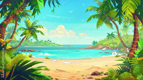 Illustration of summer seascape with lagoon or harbor and sand beach. Concept of exotic vacations, travel and resorts. Modern cartoon illustration. © Mark