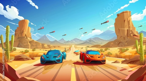 A modern cartoon illustration of race cars on a road with cactuses, rocks, and tumbleweed in a hot desert.