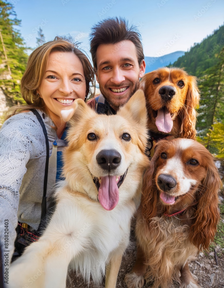 Happy couple taking selfie with their companion dogs under the sunny sky
