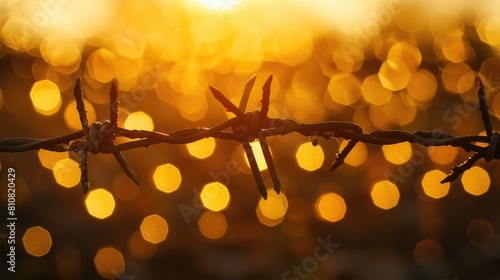 Human rights and social justice are symbolically represented by a blurred barbed wire rod fence illuminated by flickering candlelight against a backdrop of golden bokeh observed on Yom HaSh photo