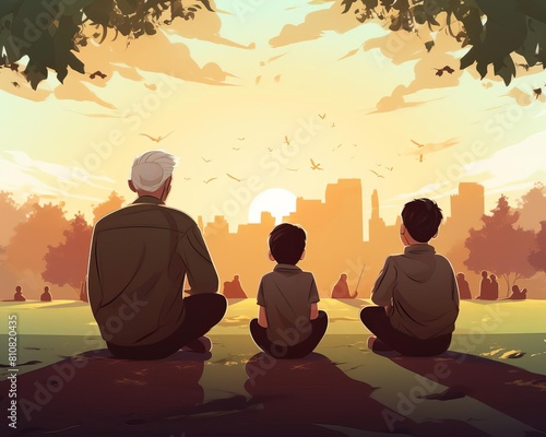 An illustration of a father and his two sons watching the sunset in a park