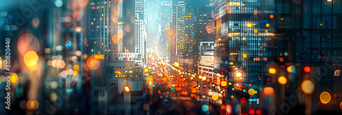 abstract light in surreal cityscapes featuring a towering skyscraper, a bustling street, and a serene river flowing through the center