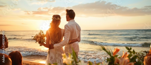 An outdoor wedding ceremony on an ocean beach at sunset with a beautiful bride and groom. The perfect venue for a marriage, to exchange rings, kiss, and celebrate with multi-ethnic family and