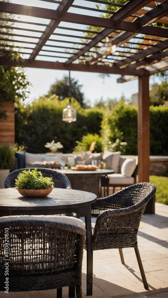 Al Fresco Comfort, Modern Patio Ensemble Featuring Pergola, Awning, Dining Table, and Grill