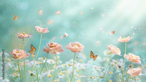 light pink ranunculus flowers bathed in soft sunlight against a serene pastel blue sky with fluttering butterflies in the foreground.