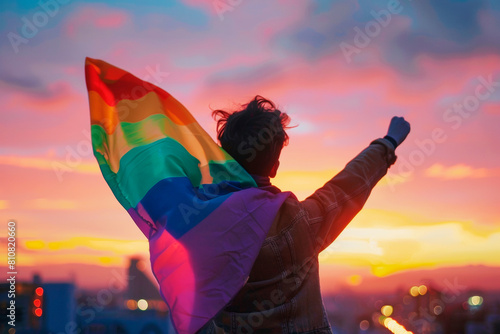 Diversity person standing back and holding rainbow flag on sky background