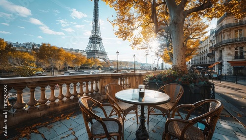 Tavolo all'aperto in un bar con vista sulla Torre Eiffel photo