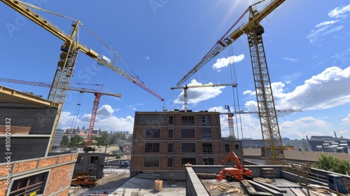 a modern construction site with towering cranes against a backdrop of urban development.