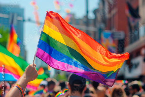 Hand waving rainbow LGBTQIA pride flag
