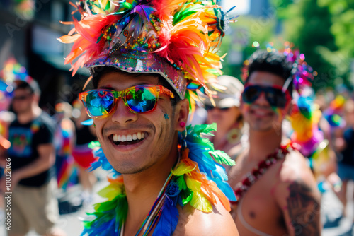 Portrait of young people rallying for LGBTQ+ rights at a Pride month parade with diversity and rainbow flags