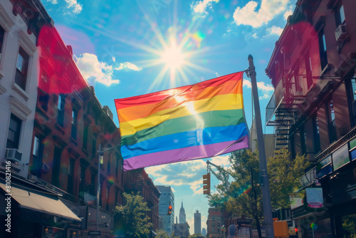 Waving rainbow LGBTQIA pride flag on sky background