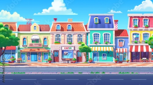 This modern cartoon illustration shows an empty sidewalk  a restaurant facade  and houses with windows and storefronts in a modern European town.