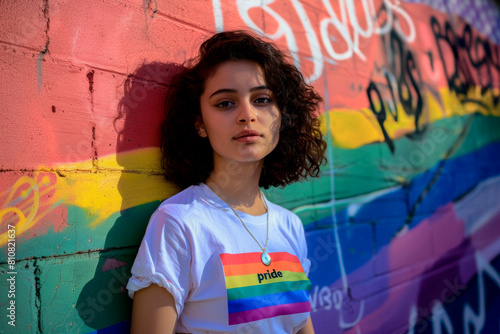Girl stands in front of wall painted in LGBTQIA pride flag colors