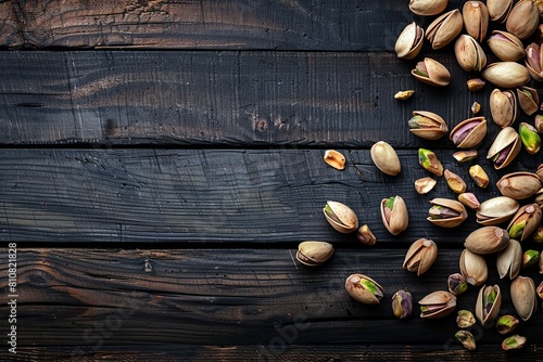 Pistachio nuts on a dark wooden background. Top view. place for text. 