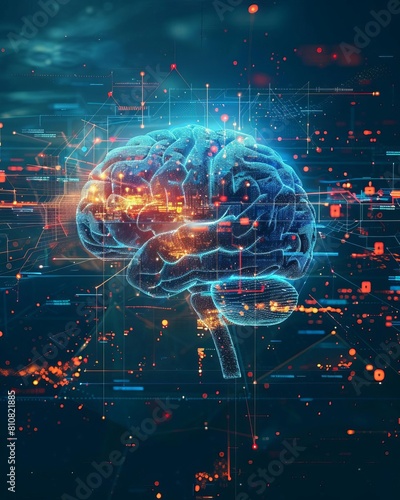 graphic of a digital brain with futuristic background concept of artificial intelligence or ai technology advancement  photography. Wellness and Support photography