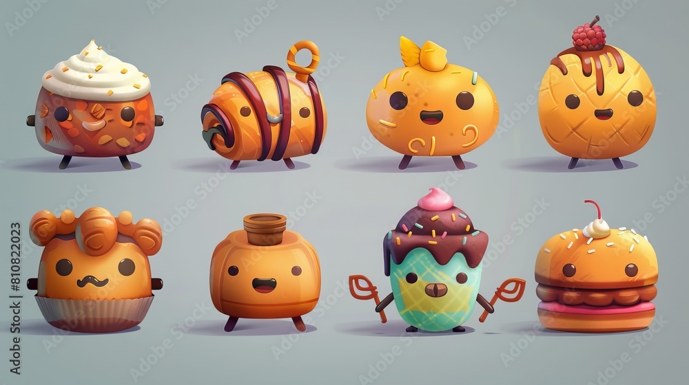 Cute cartoon bakery characters, croissant, bun, cinnamon roll, chocolate cookie with pretzel, muffin with coffee, loaf with honey jar, and patty with roll. Cute cartoon bakery characters, croissant, bun, cinnamon roll, chocolate cookie with pretzel, muffin with coffee, loaf with honey jar, and patty with roll.