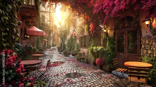 Vista Romantica di un bar sul vicolo fiorito italiano  con raggio di luce del tramonto