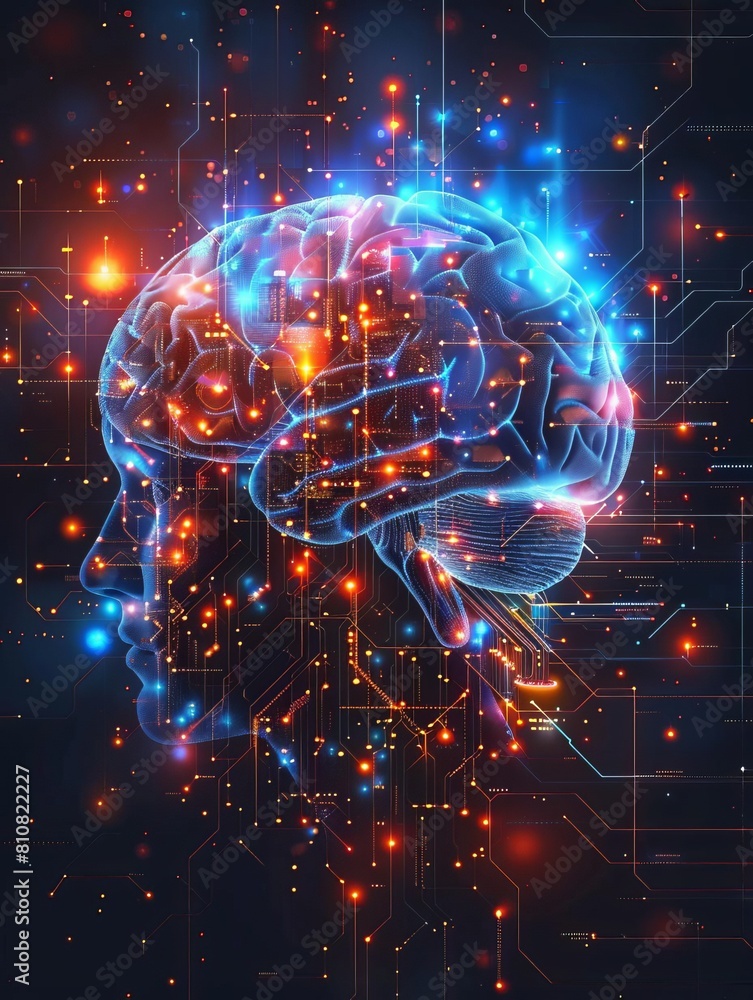 graphic of digital brain combined with electronic board in technology look abstract futuristic health care concept of artificial intelligence