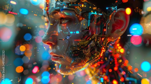 Close-up of an AI robot with glowing eyes and colorful lights reflecting on her face