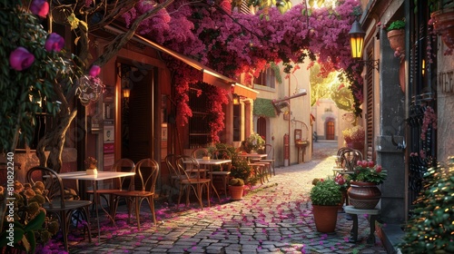 Fototapeta Naklejka Na Ścianę i Meble -  Vista Romantica di un bar sul vicolo fiorito italiano, con raggio di luce del tramonto