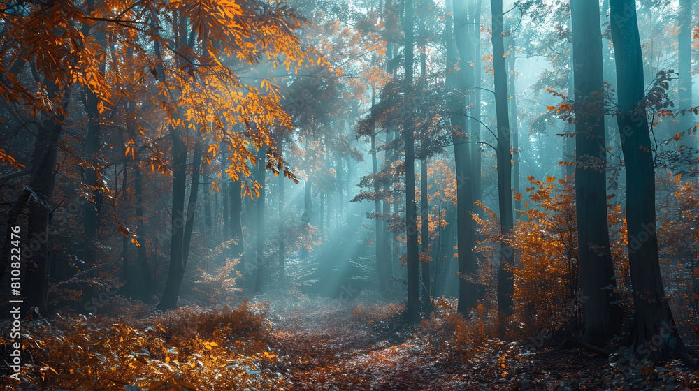 Fototapeta premium Misty autumn forest with golden leaves and sunbeams
