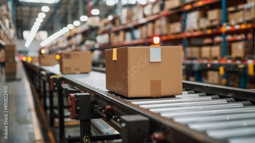 Closeup of multiple cardboard box packages seamlessly moving along a conveyor belt in a warehouse fulfillment center, a snapshot of e-commerce, delivery, automation, and products.