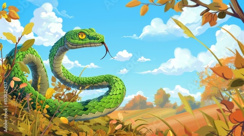 A snake, Trimeresurus Salazar, tangles dry bushes in an autumn field. A green serpent in the autumn field twines yellow eyes at a sunny day in the countryside. A venomous snake at home in nature, photo