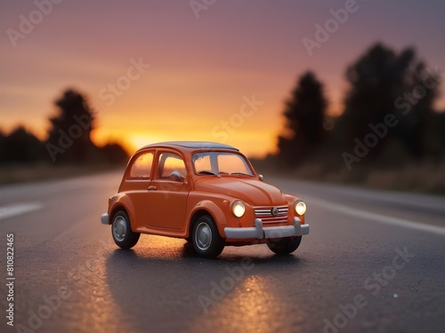 Cute vintage toy car on a road with beautiful sunset wallpaper background